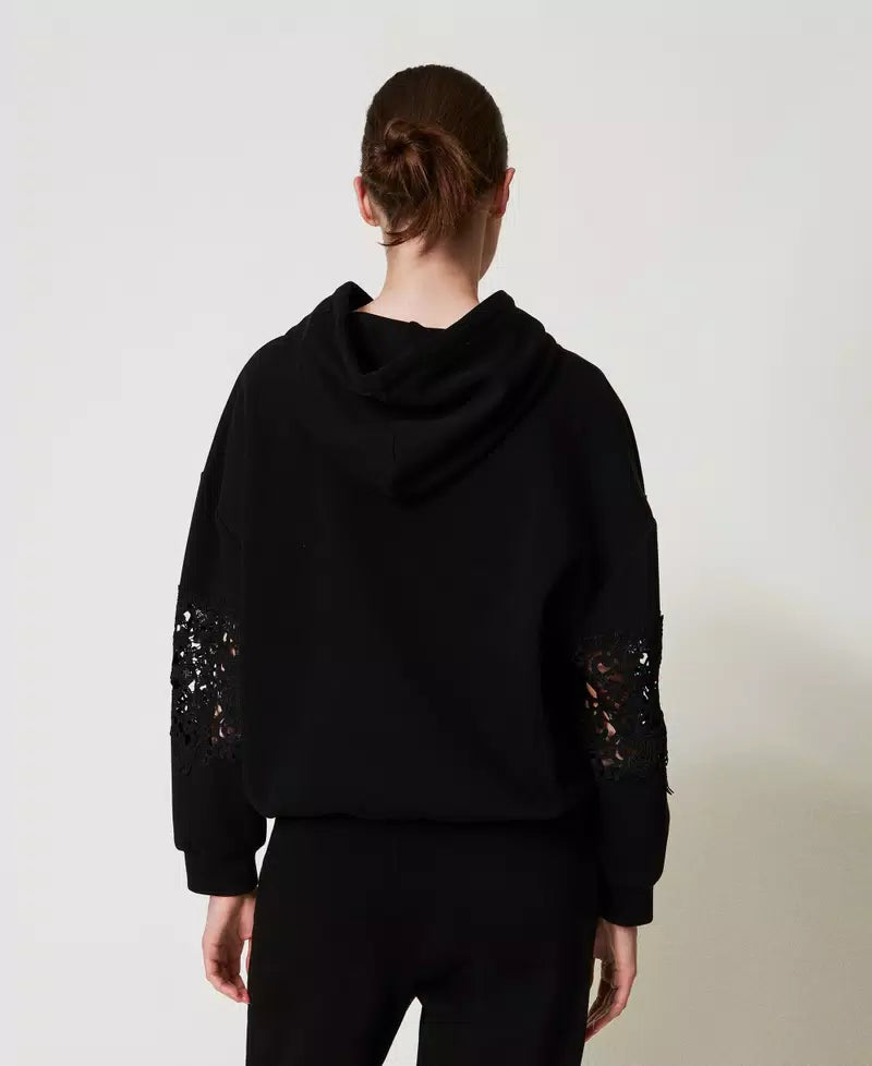 Black Hoodie with Macramé-TWINSET-Tocca Finita