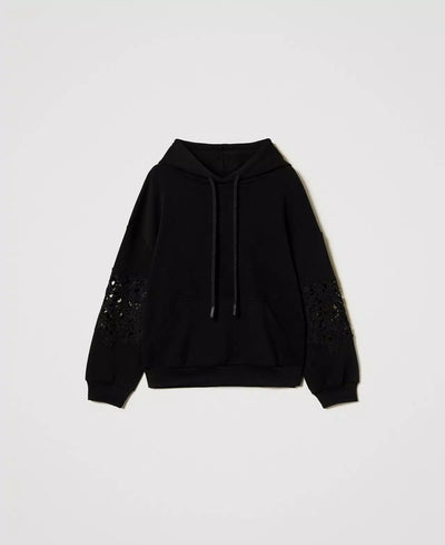 Black Hoodie with Macramé-TWINSET-Tocca Finita