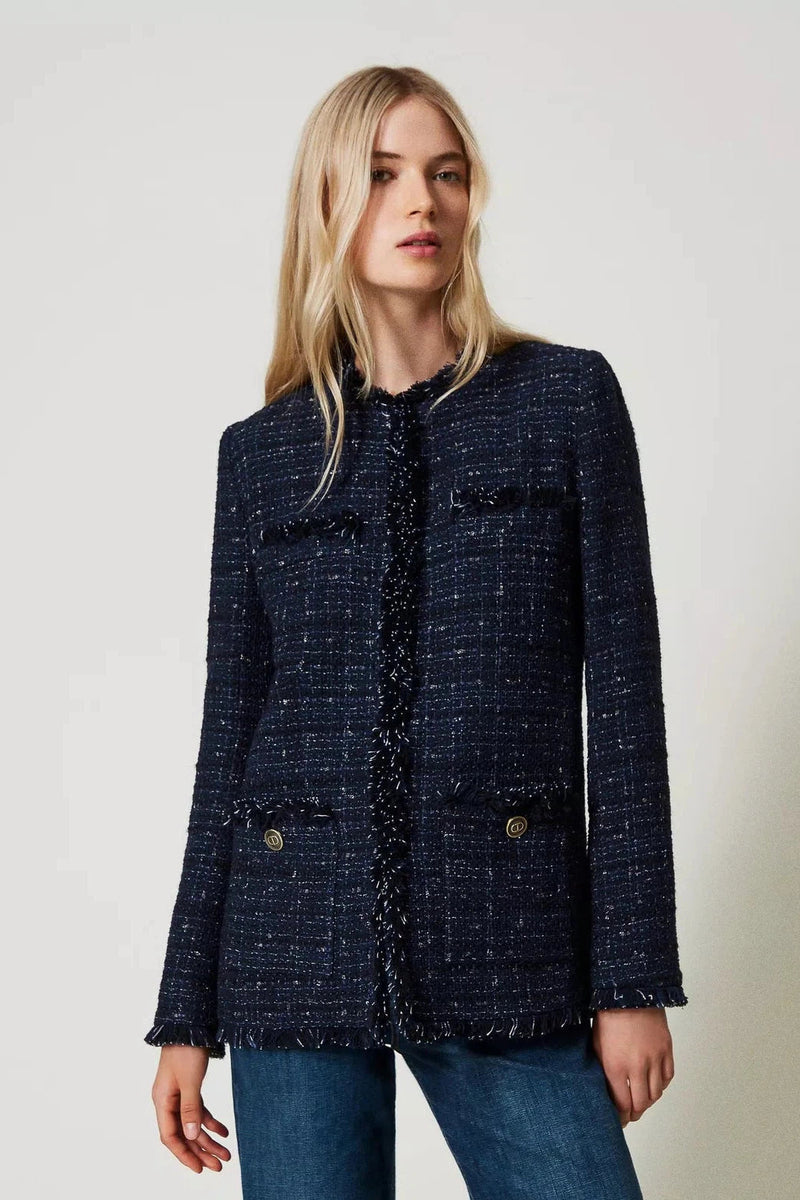 Bouclé Jacket with Logoed Buttons-TWINSET-Tocca Finita