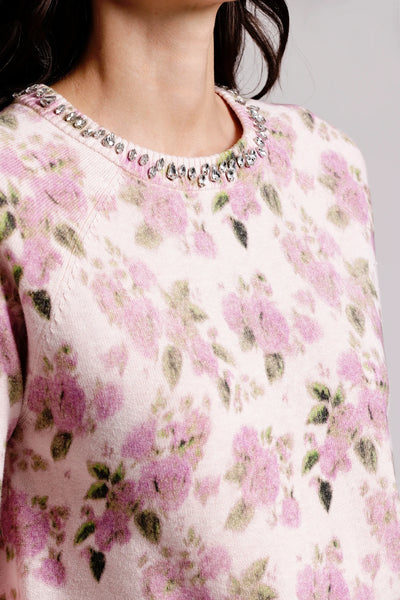 Cotton Cashmere Printed Crew with Jewels-Mini Rose-Tocca Finita