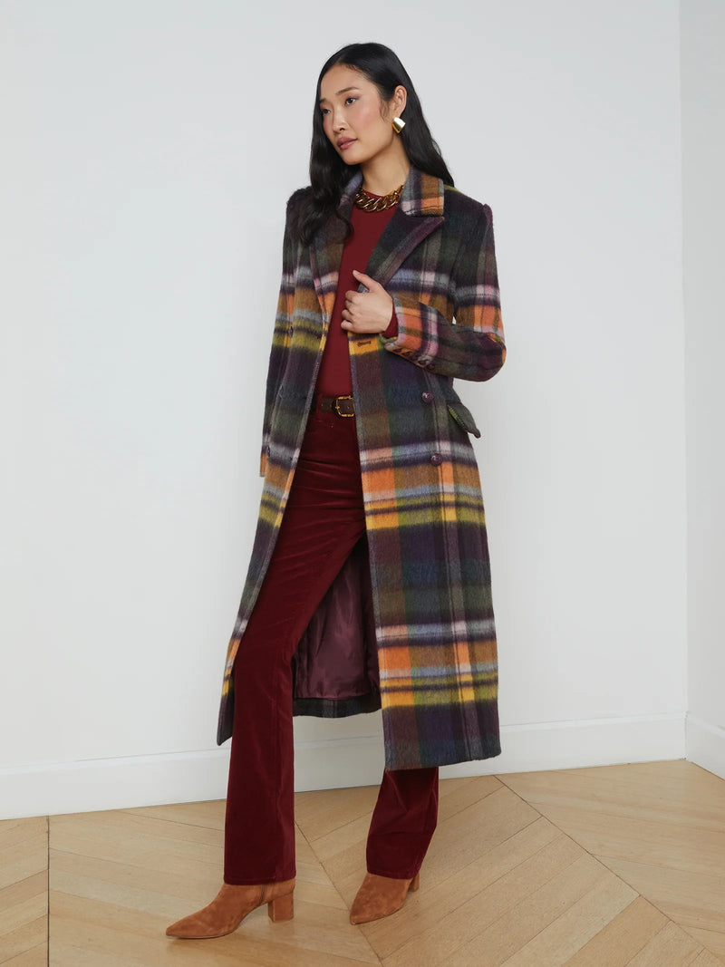 Olina Belted Long Coat In Plaid-L&