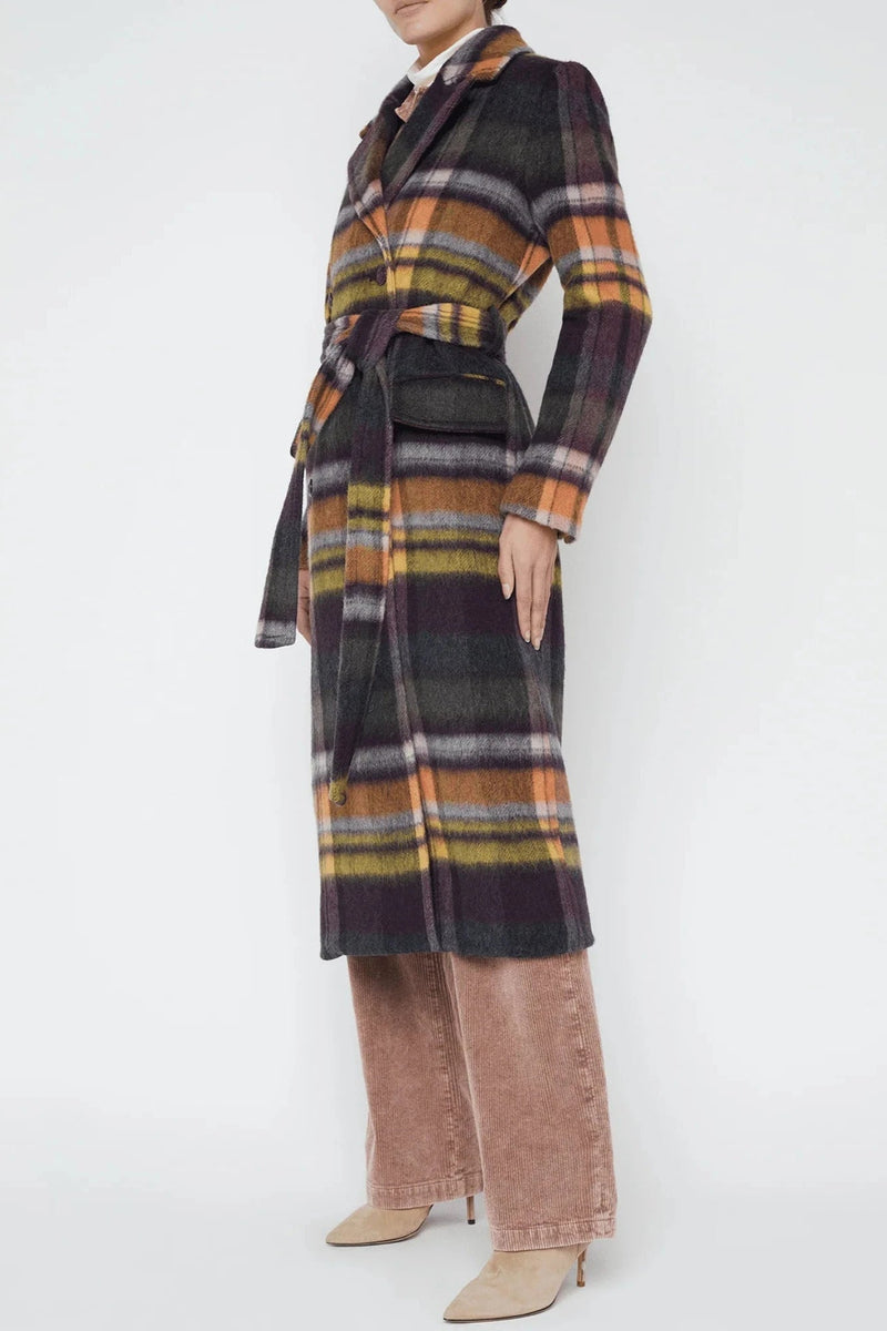 Olina Belted Long Coat In Plaid-L&