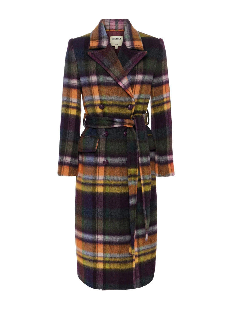 Olina Belted Long Coat In Plaid-L&