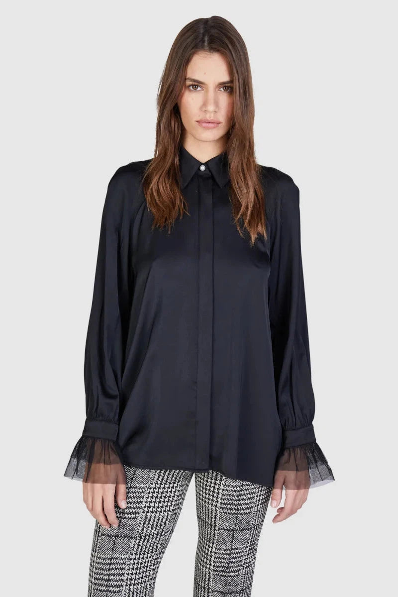 Satin Blouse With Tulle Cuffs-Marc Aurel-Tocca Finita