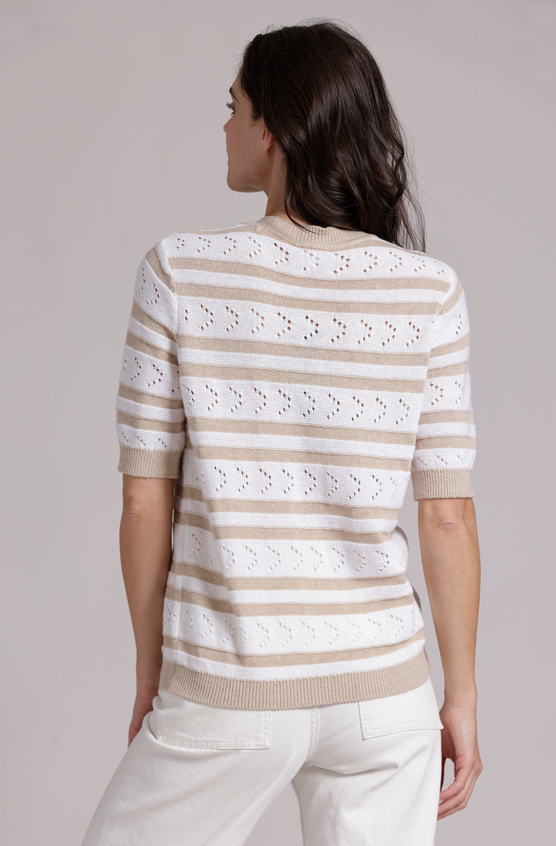 Striped Pointelle Crew in Brown/White-Mini Rose-Tocca Finita