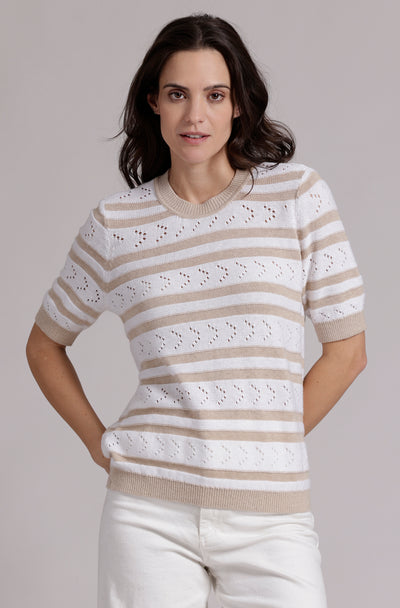 Striped Pointelle Crew in Brown/White-Mini Rose-Tocca Finita