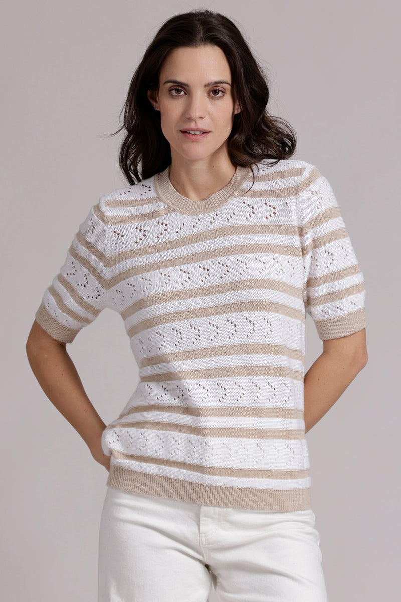 Striped Pointelle Crew in Brown/White-Mini Rose-Tocca Finita