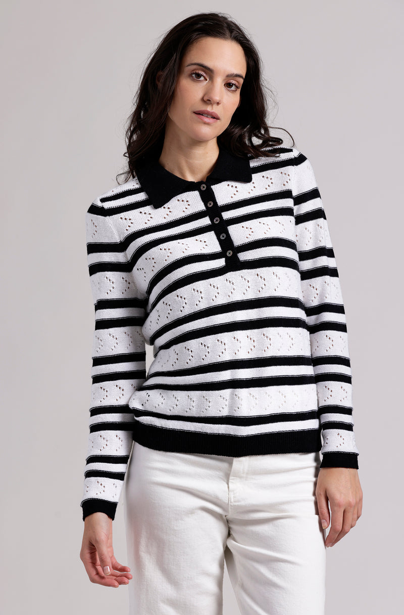 Striped Pointelle Polo in Black/White-Mini Rose-Tocca Finita