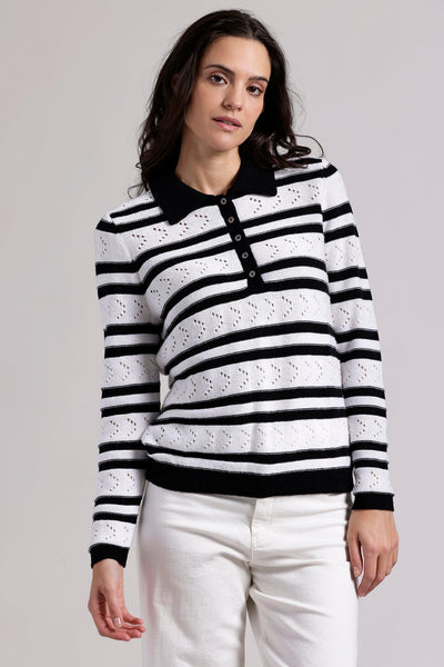 Striped Pointelle Polo in Black/White-Mini Rose-Tocca Finita