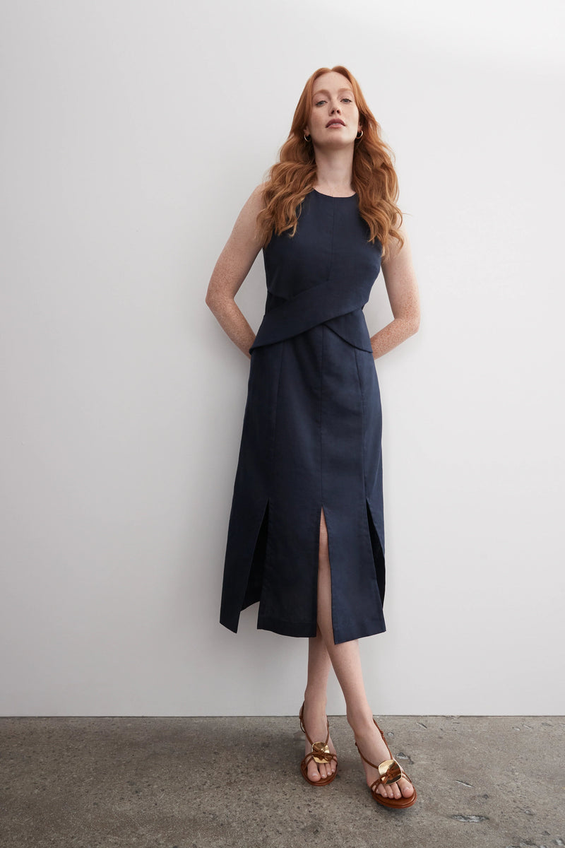 Waist Crossover Dress in Navy-Iris Setlakwe-Tocca Finita